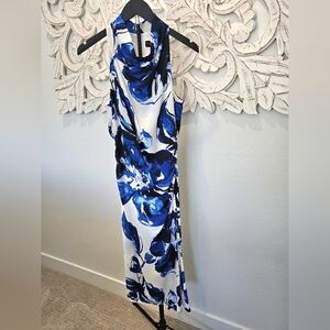 NWT Donna Karan Classy Floral Maxi Dress in Blue and White with Side Slit